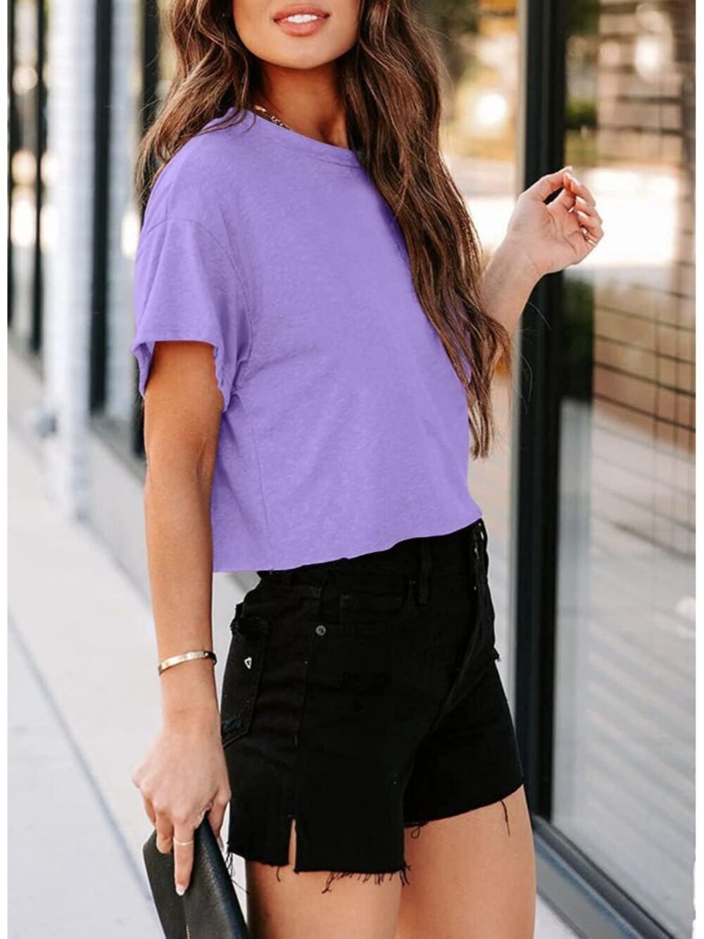 〽️Women's Purple Short Sleeve Crew Neck Loose Casual Drop Shoulder Crop Tops